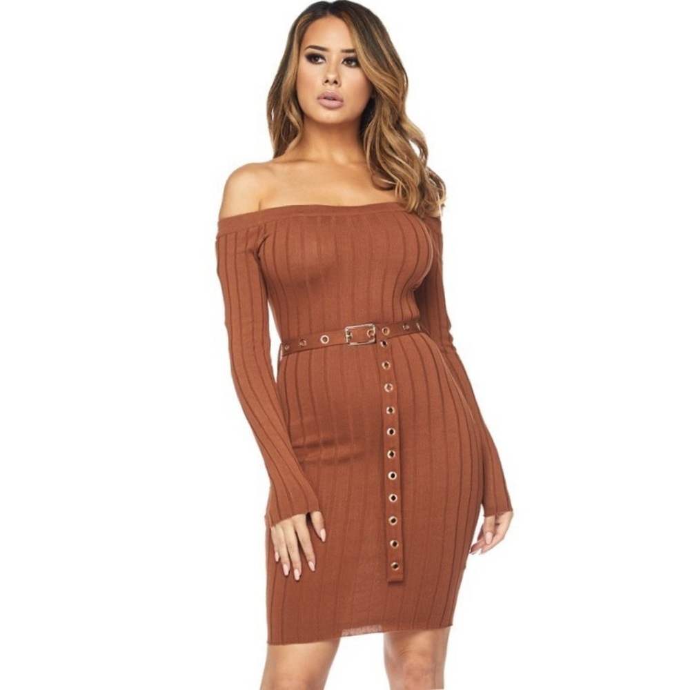 🤎LAST ONE🤎 Sexy Ribbed Knit Off Shoulder Belted Bodycon - Rust (C) - Picture 2 of 6